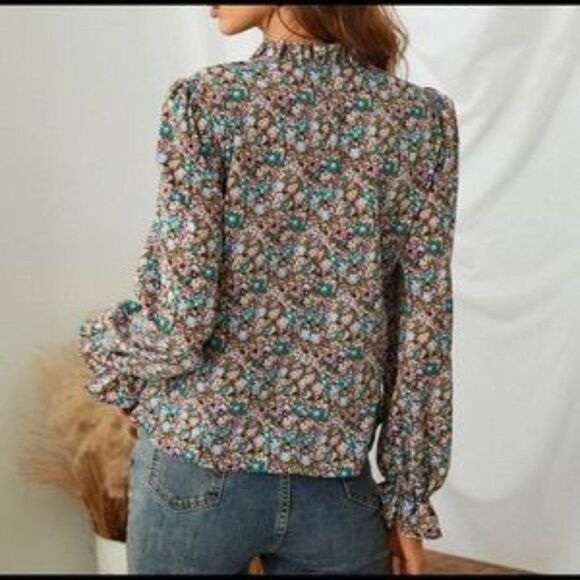 Boho Blue Pink Floral Ruffle Puff Sleeve Top - Picture 9 of 12